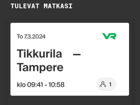Junalippu Tikkurila - Tampere to 7.3.2024 klo 09:4, Matkat, risteilyt ja lentoliput, Matkat ja liput, Vantaa, Tori.fi