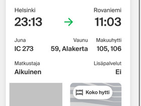 Junaliput 2x Helsinki-Rovaniemi 28.3.+ makuuhytti, Matkat, risteilyt ja lentoliput, Matkat ja liput, Kalajoki, Tori.fi