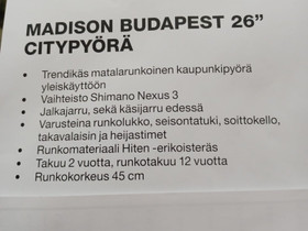 Madison Budapest 26 citypyr, Muut pyrt, Polkupyrt ja pyrily, Mustasaari, Tori.fi