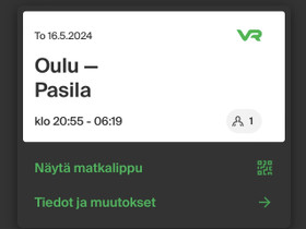 Oulu - Pasila 16.5.2024, Matkat, risteilyt ja lentoliput, Matkat ja liput, Kemi, Tori.fi